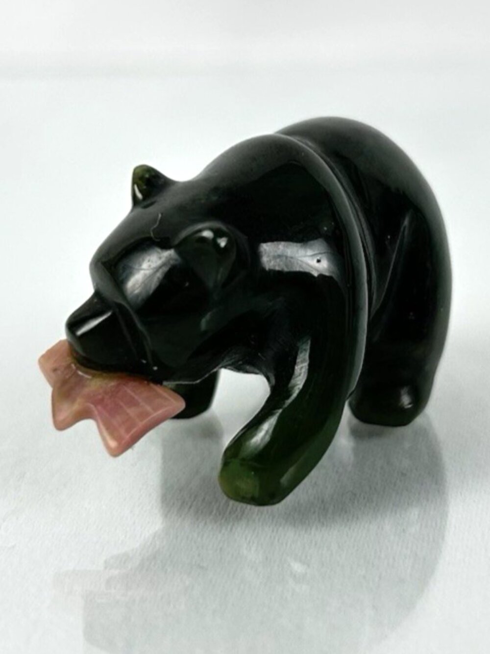 Jade Bear with Pink Salmon 1.5" Carving Dark Green Gemstone Figurine **Read**
